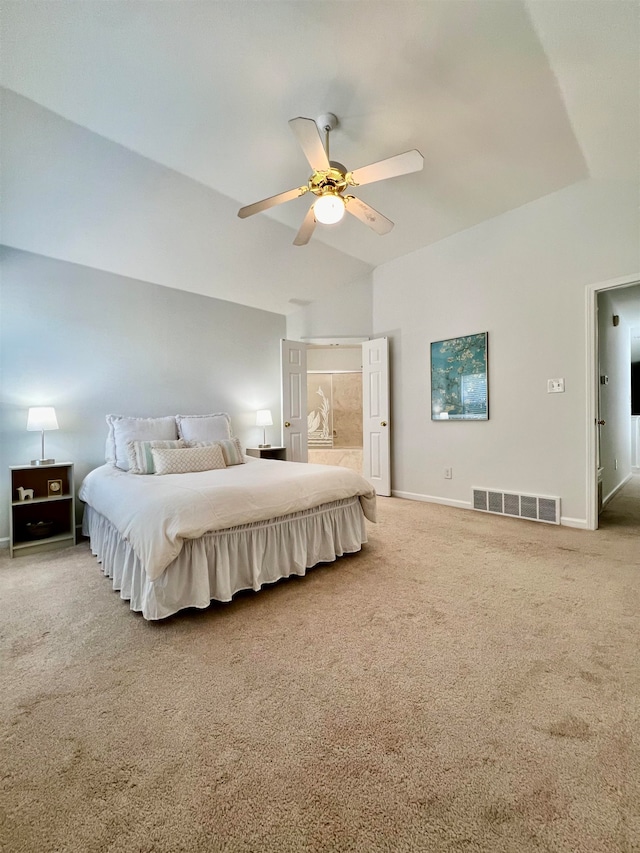 bedroom with ceiling fan and carpet