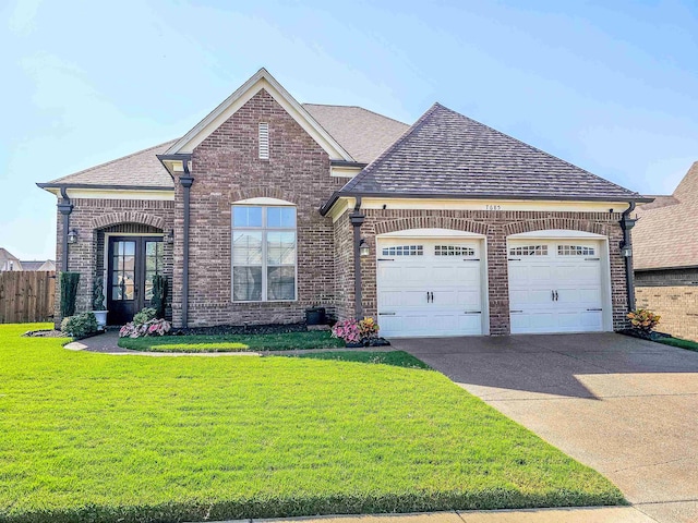 view of front of property with a garage and a front lawn