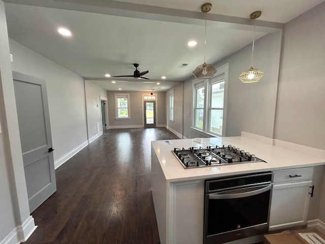 kitchen with ceiling fan, dark hardwood / wood-style floors, white cabinetry, appliances with stainless steel finishes, and decorative light fixtures