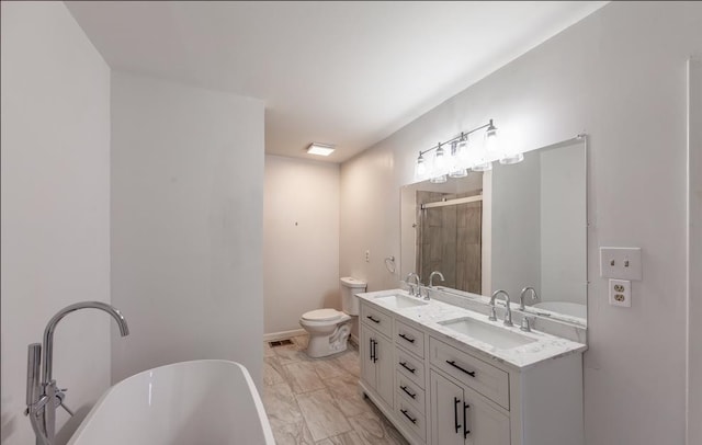 full bathroom with independent shower and bath, vanity, and toilet