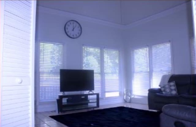 living room featuring crown molding and tile patterned flooring