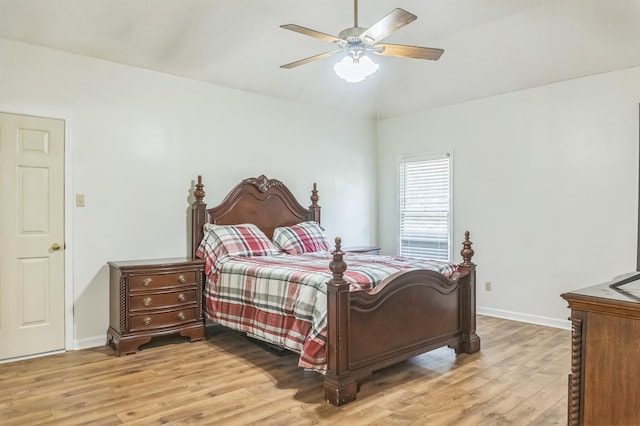 bedroom featuring ceiling fan and light wood-type flooring