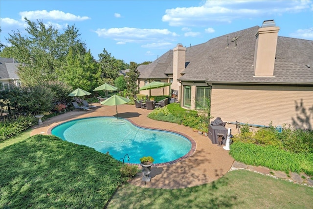 view of pool with a yard and a patio