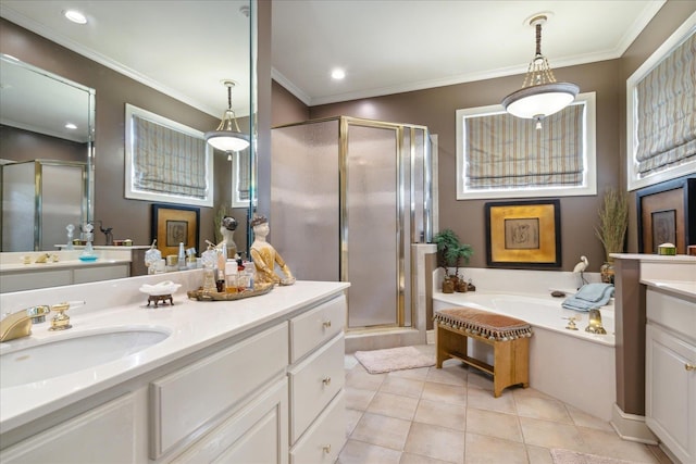 bathroom featuring independent shower and bath, vanity, crown molding, and tile patterned flooring