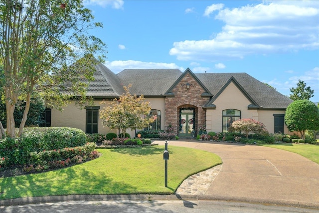 french country inspired facade featuring a front yard