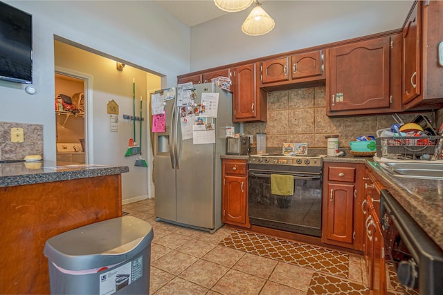 kitchen with black range with electric stovetop, light tile patterned floors, tasteful backsplash, stainless steel refrigerator with ice dispenser, and dishwasher