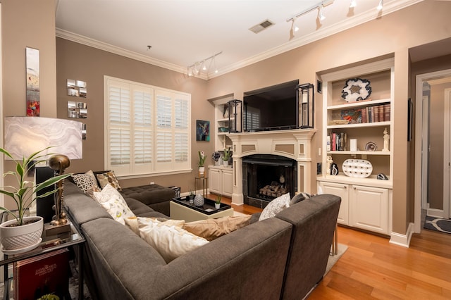 21 Mina Ave Unit 207, Memphis, TN 38103 - living area with rail lighting, a fireplace, light wood-type flooring, crown molding, and built in features