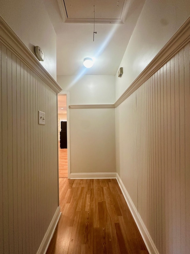 hall featuring wooden walls and hardwood / wood-style floors