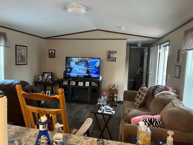 living room featuring hardwood / wood-style flooring, lofted ceiling, and ornamental molding