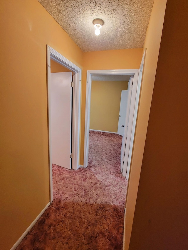 hall featuring carpet floors and a textured ceiling