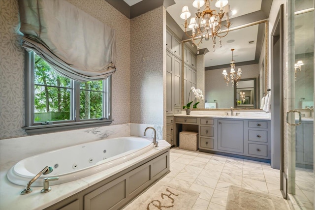 bathroom with crown molding, vanity, and plus walk in shower