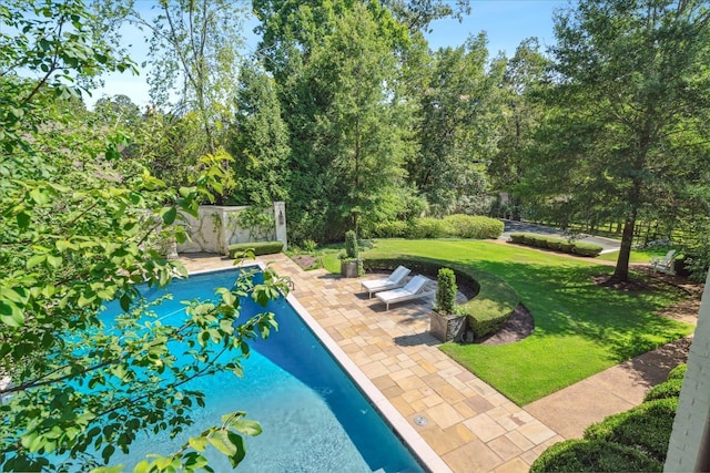 view of swimming pool with a yard and a patio area