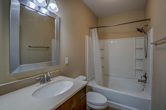 full bathroom featuring vanity, shower / tub combo, and toilet