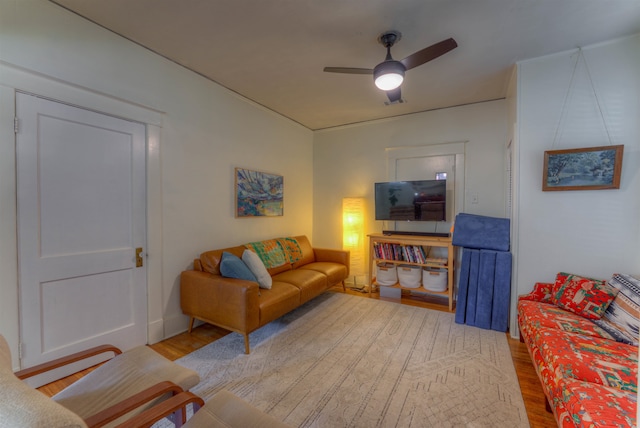 living room with ceiling fan and light hardwood / wood-style flooring