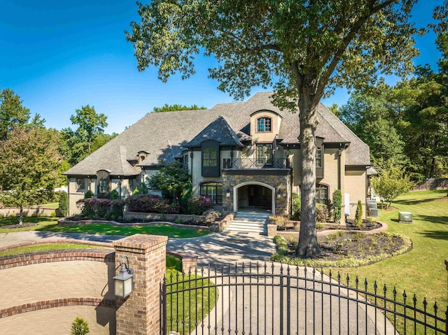 french country style house with a balcony and a front yard