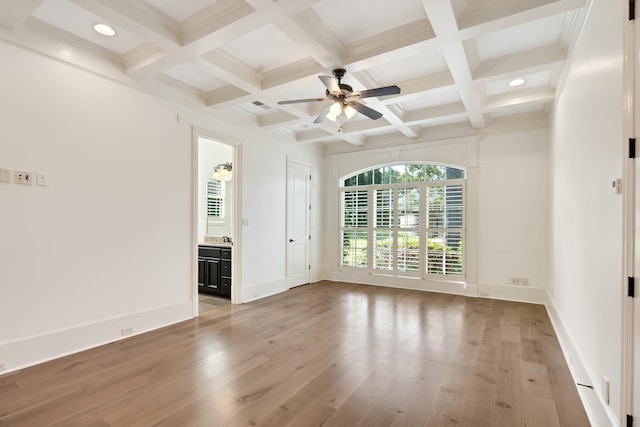 unfurnished room featuring coffered ceiling, light hardwood / wood-style flooring, and beam ceiling