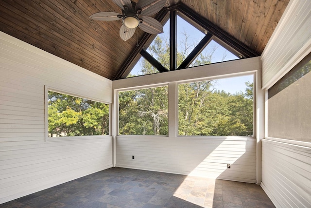 sunroom featuring wood ceiling, vaulted ceiling, and ceiling fan