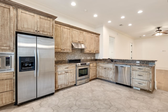 kitchen with decorative backsplash, dark stone counters, appliances with stainless steel finishes, and sink