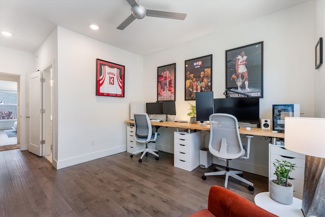 office featuring ceiling fan and dark hardwood / wood-style flooring