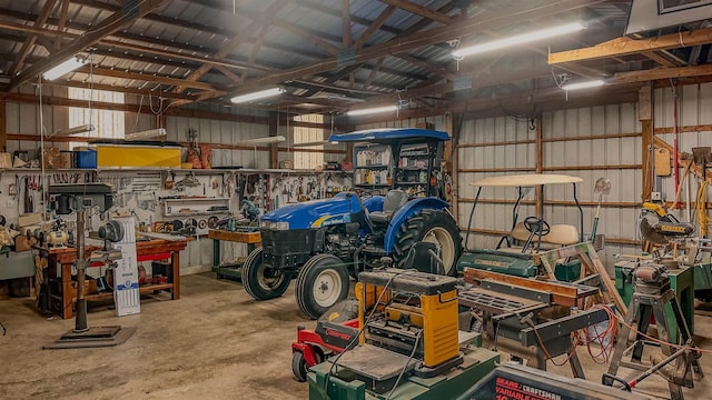 garage with a workshop area