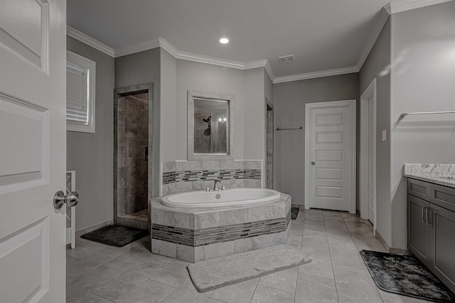 bathroom with shower with separate bathtub, vanity, tile patterned floors, and ornamental molding