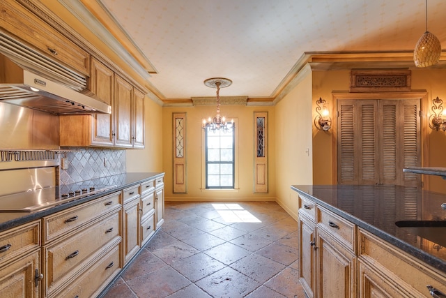 kitchen featuring pendant lighting, tasteful backsplash, a notable chandelier, ornamental molding, and black electric cooktop