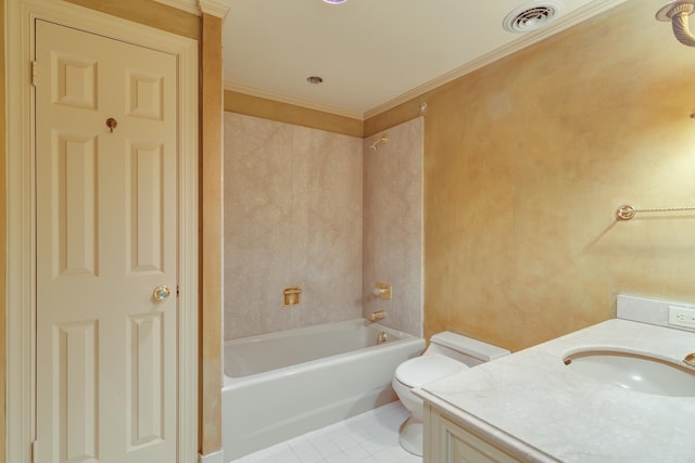 full bathroom featuring vanity, ornamental molding, bathtub / shower combination, tile patterned floors, and toilet