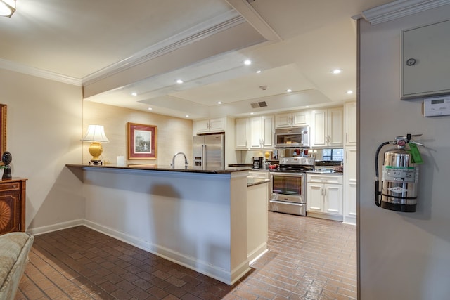 kitchen with crown molding, stainless steel appliances, kitchen peninsula, and white cabinets