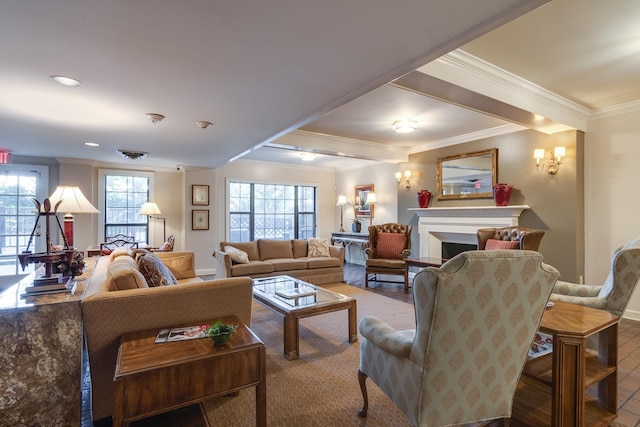 living room with ornamental molding