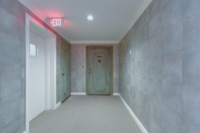 hallway with ornamental molding and carpet floors