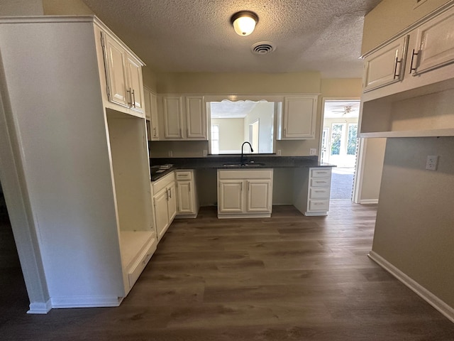 kitchen with white cabinetry, ceiling fan, sink, and dark hardwood / wood-style floors