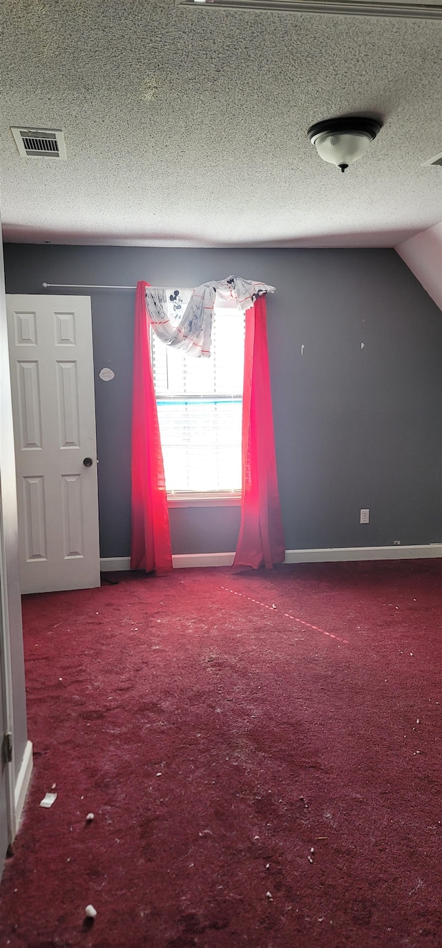 carpeted empty room featuring lofted ceiling and a textured ceiling