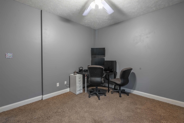 carpeted office space with a textured ceiling