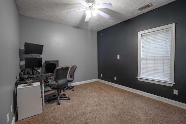 office space featuring carpet, a healthy amount of sunlight, and a textured ceiling