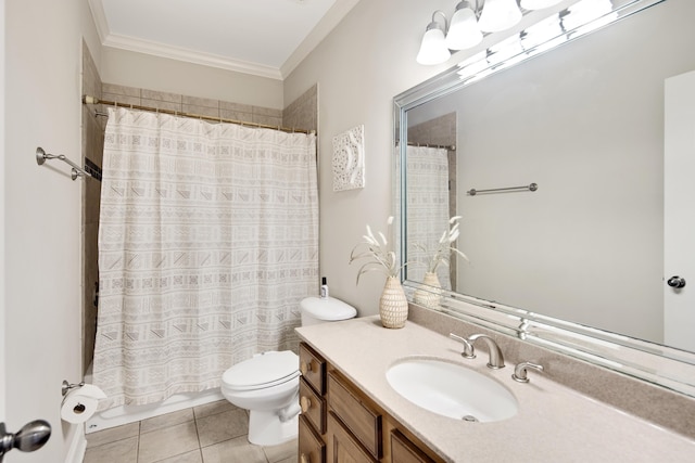 full bathroom featuring shower / tub combo, toilet, vanity, crown molding, and tile patterned flooring