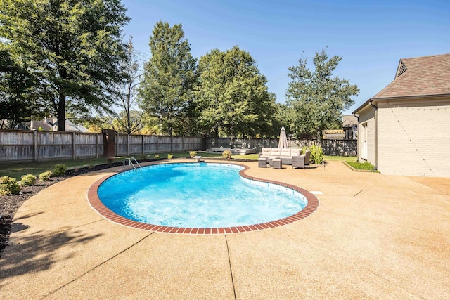 view of pool with a diving board and a patio