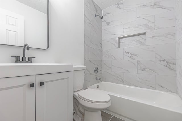 full bathroom featuring a textured ceiling, toilet, tile patterned floors, vanity, and tiled shower / bath combo