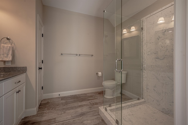 bathroom with vanity, toilet, hardwood / wood-style flooring, and a shower with shower door