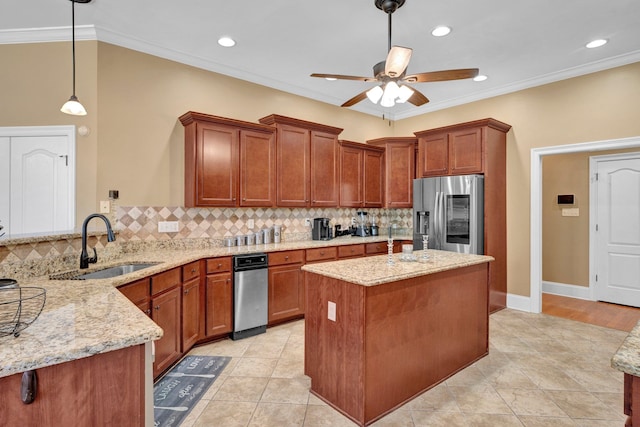 kitchen featuring tasteful backsplash, hanging light fixtures, crown molding, stainless steel refrigerator with ice dispenser, and sink