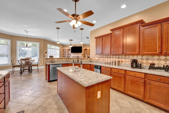 kitchen featuring dishwasher, a kitchen island with sink, decorative backsplash, ornamental molding, and light tile patterned floors