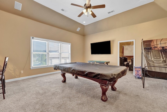 game room featuring ceiling fan, high vaulted ceiling, carpet, and billiards