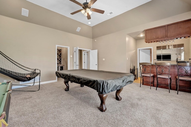 playroom featuring ceiling fan, high vaulted ceiling, billiards, and light colored carpet