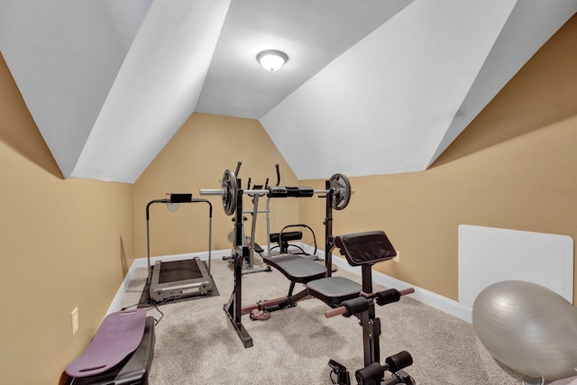 workout area featuring lofted ceiling and carpet