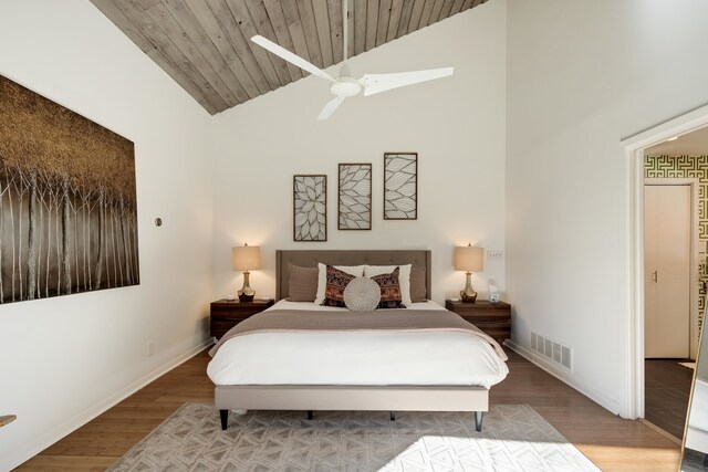 bedroom featuring high vaulted ceiling, hardwood / wood-style flooring, wooden ceiling, and ceiling fan