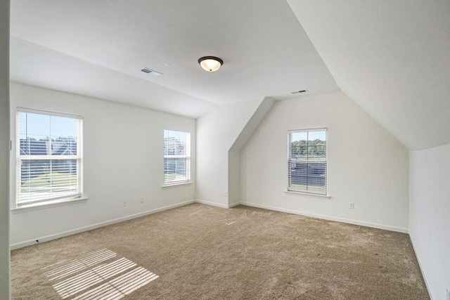 additional living space with vaulted ceiling, light carpet, and a wealth of natural light