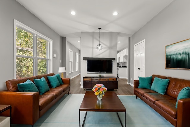 living room featuring light hardwood / wood-style floors and sink