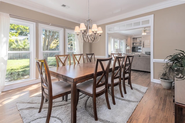 dining area with crown molding, hardwood / wood-style flooring, and ceiling fan with notable chandelier