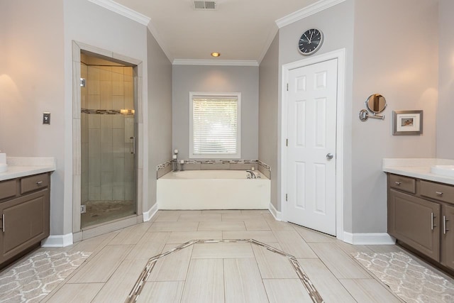 bathroom with vanity, crown molding, and plus walk in shower