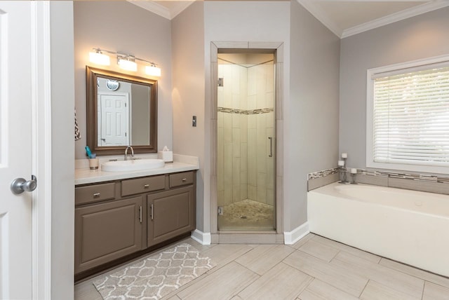 bathroom featuring vanity, ornamental molding, and plus walk in shower