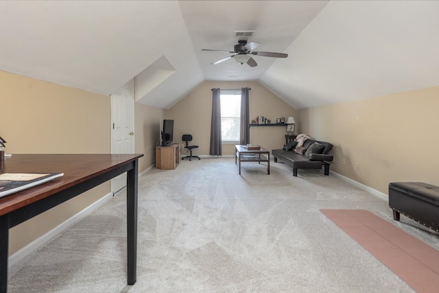 office featuring lofted ceiling, light colored carpet, and ceiling fan